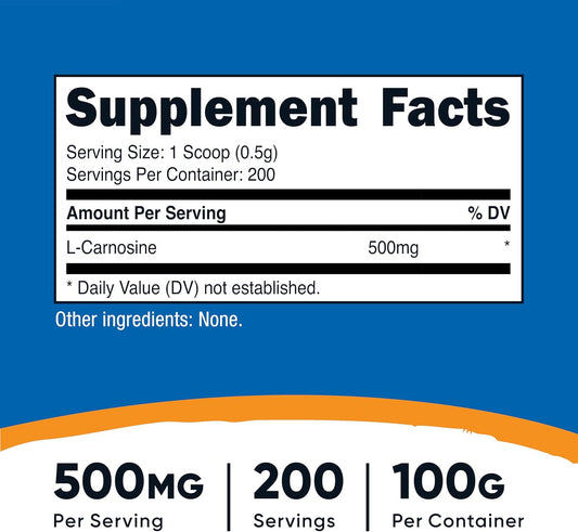 Nutricost L-Carnosine Powder 100 Grams (200 Servings) - Non-Gmo