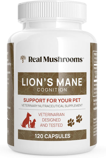 Real Mushrooms Lions Mane Pet Support Mushroom Supplement - Cat & Dog Vitamins and Supplements for Cognition & Memory Support - Vet Approved Mushroom Complex Capsules (120ct) Gluten-Free, Non-GMO