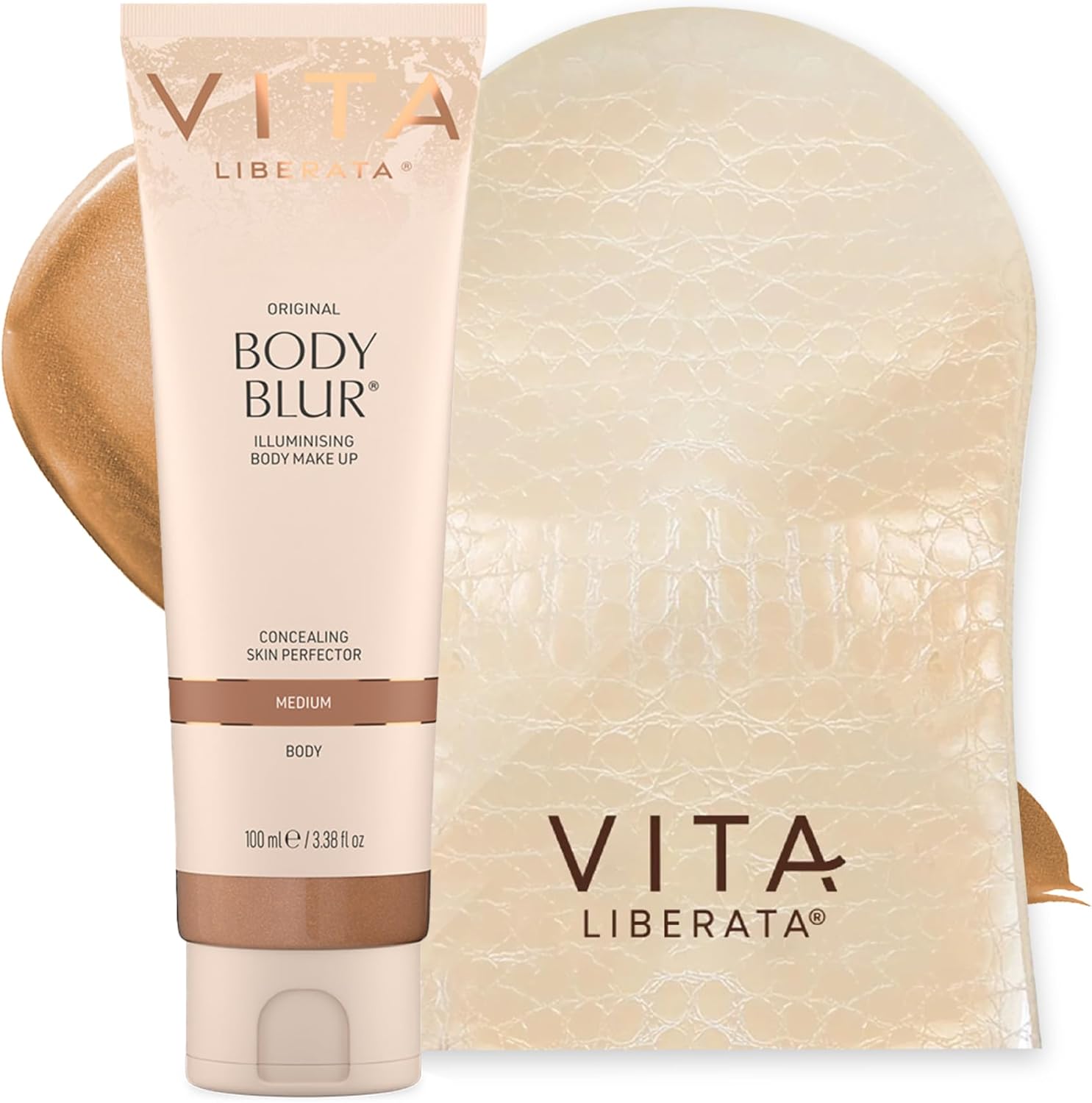 Vita Liberata Body Blur Medium 100Ml & Mitt Bundle, Leg & Body Makeup, Wash Off Instant Tan, Streak Free Application Blending Mitt, Water Resistant, Disguise Imperfections, Flawless Finish