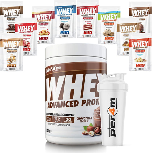 Per4M Advanced Whey Protein Powder | 30 Serving Low Sugar Protein Shake With Amino Acids | Perfect For Your Gym Bag And Travel | Shaker & 5 Mixed Selection Sachets (900G, Chocotella)
