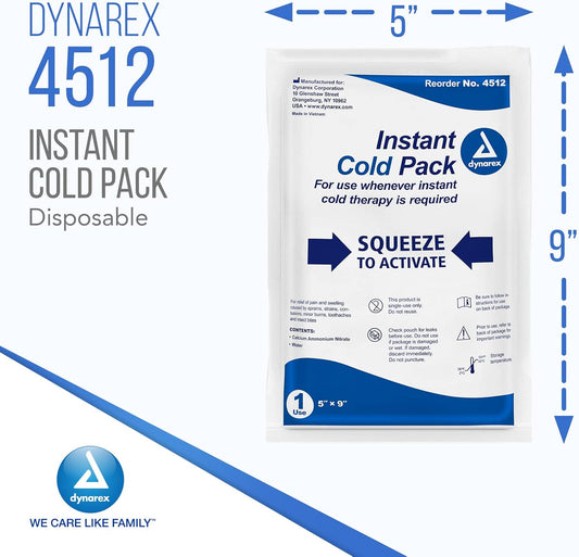 Dynarex Disposable Ice Packs For Injuries - Instant Cold Packs For First Aid, Swelling, Sprains & Abrasions - Single Use Cold Pack & Cold Compress Packs For Joint & Muscle Pain - 24-Pack, 5X9-Inch