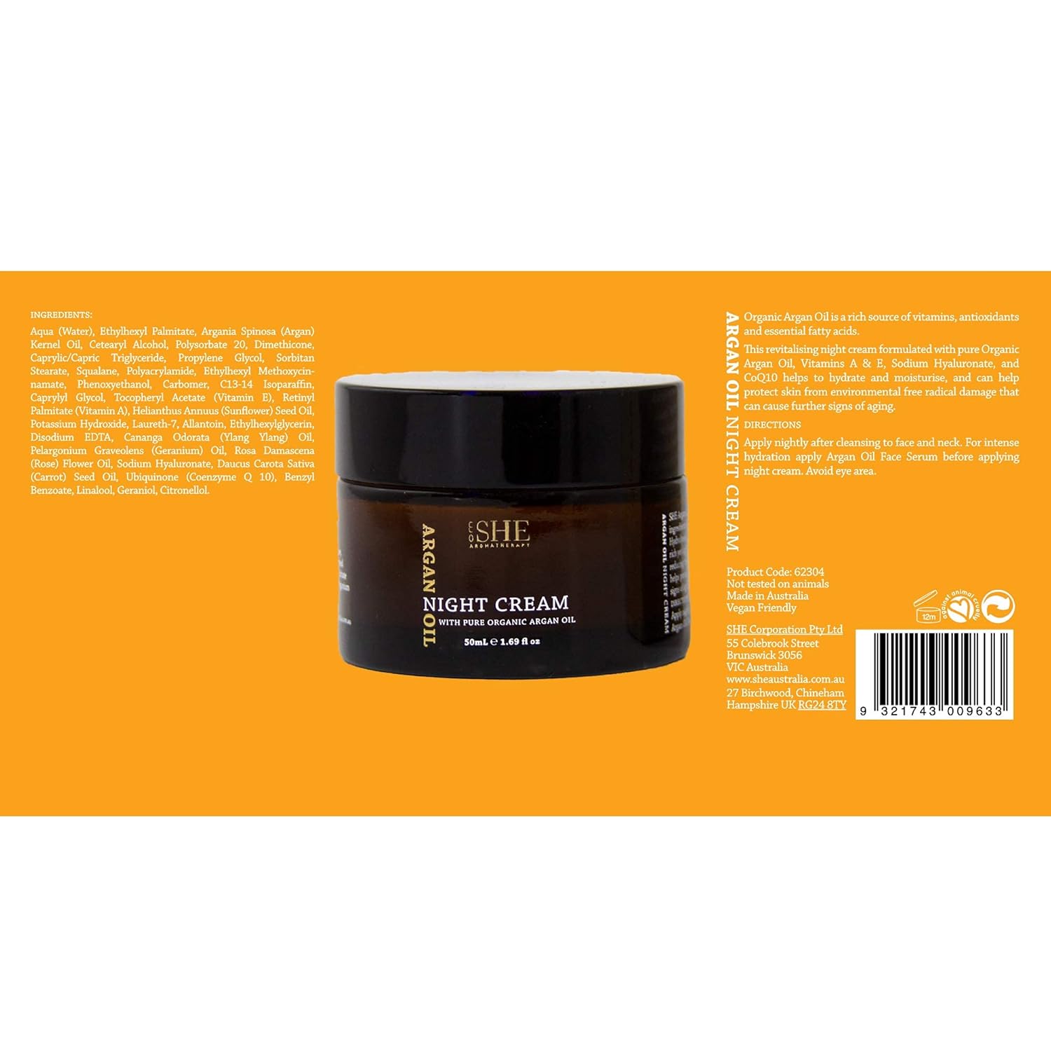 She Aromatherapy Argan Oil Night Cream 1.69Fl Oz - Nourishing And Hydrating, Smooths, Soothes And Softens, Organic Argan Oil, Vitamin E. Australian Made. : Beauty & Personal Care
