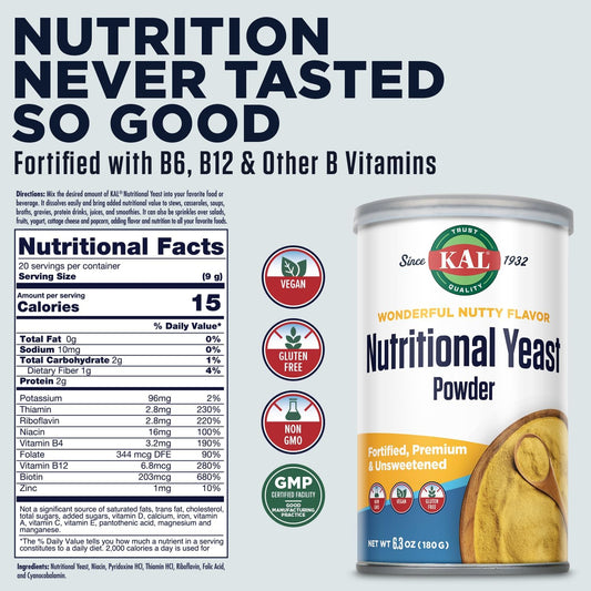 Kal Nutritional Yeast Powder, Fortified With B6, B12, Folic Acid And Other B Vitamins, Premium And Unsweetened, Great Nutty Flavor, Vegan, Gluten Free, Non-Gmo, 60-Day Guarantee, 20 Servings, 6.3Oz