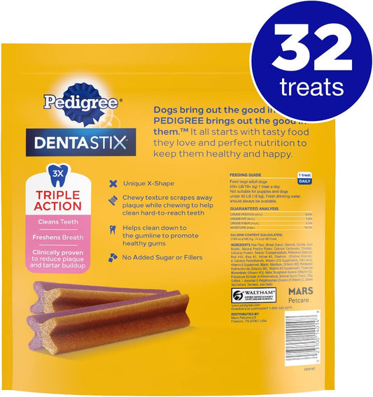 PEDIGREE DENTASTIX Dual Flavor Large Dog Dental Treats, Bacon & Chicken Flavors Dental Bones, 1.47 lb. Pack (32 Treats)