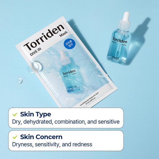 Torriden Dive-In Low-Molecular Hyaluronic Acid Serum, 1.69 Fl Oz + Sheet Masks 10Ea | Vegan Clean Cruelty Free Facial Ampoule Cellulose Mask Pack Alcohol-Free Fragrance-Free