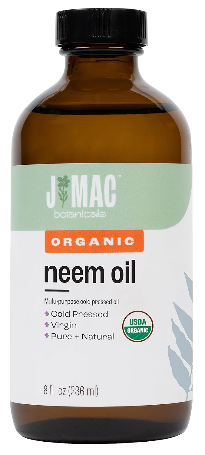 J Mac Botanicals Organic Neem Oil For Skin (8 Oz Glass Bottle No Dropper), 100% Organic, Undiluted, Cold Pressed Neem Oil