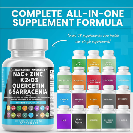 Clean Nutraceuticals Nac Supplement N-Acetyl Cysteine 1000Mg Vitamin D3 K2 Zinc Quercetin 1000Mg Sarracenia Purpurea 1000Mg With Elderberry Holy Basil Bee Propolis Bromelain L-Lysine - 60 Count