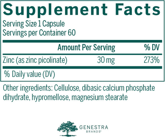 Genestra Brands Zinc Picolinate Formula | Supports Immunity, Skin, And Connective Tissue Formation | 60 Capsules
