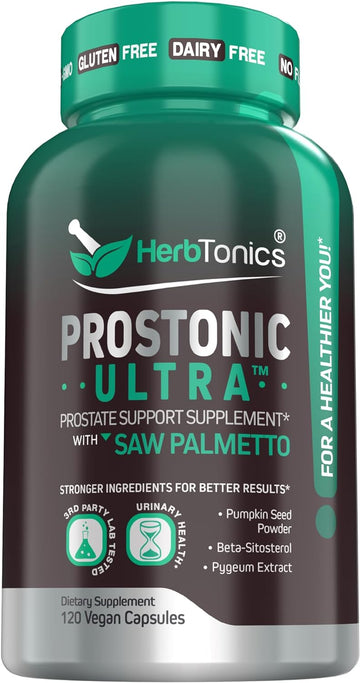 Herbtonics Prostate Support Supplement for Men's Health - Saw Palmetto & Beta Sitosterol Formula with Pumpkin Seed Oil - Promotes Prostate Health & Less Urination - DHT Blocker for Hair - 120 Capsules