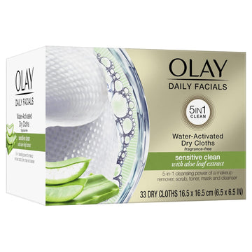 Makeup Remover Wipes By Olay Daily Facials Gentle Clean 5-In-1 Water Activated Cleansing Cloths, 33 Count Packaging May Vary