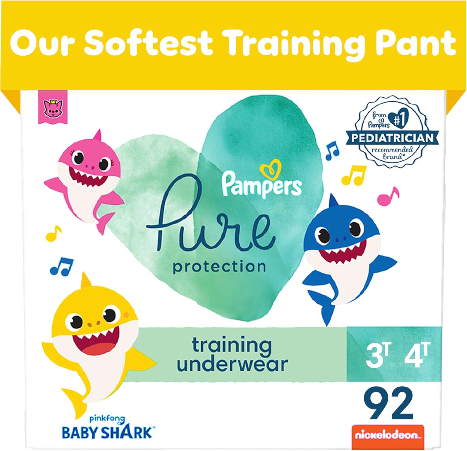 Pampers Pure Protection Training Pants Baby Shark - Size 3T-4T, 92 Count, Premium Hypoallergenic Training Underwear