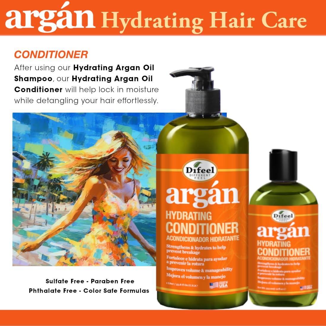 Difeel Argan Hydrating Conditioner 12 oz. - Natural Argan Oil Conditioner Hydrating, Sulfate Free Natural Conditioner for Hair : Beauty & Personal Care