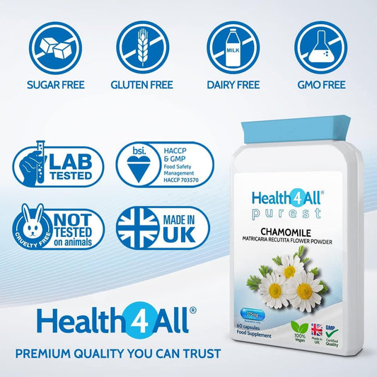 Health4All Chamomile 375Mg, 60 Capsules 2 Months Supply, Purest Anxiety, Stress, Sleep And Digestive Health Supplement, Vegan Chamomile Flower Powder (Not Extract) Capsules (Not Tablets) | Made In Uk
