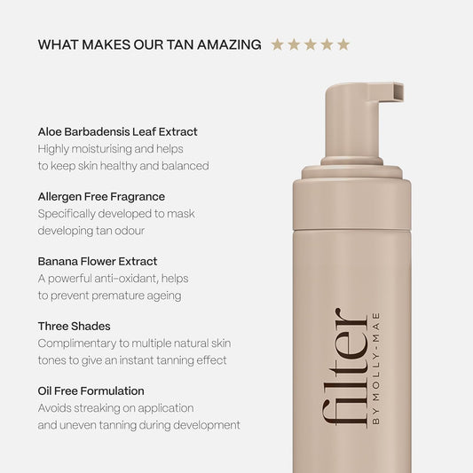 Filter By Molly-Mae Tanning Mousse | Extra Dark Shade | Fast Drying Self Tan Mousse, For A Sunkissed, Golden Glow | Streak Free Fake Tan | Moisturising Foam | Fast Developing | 200Ml