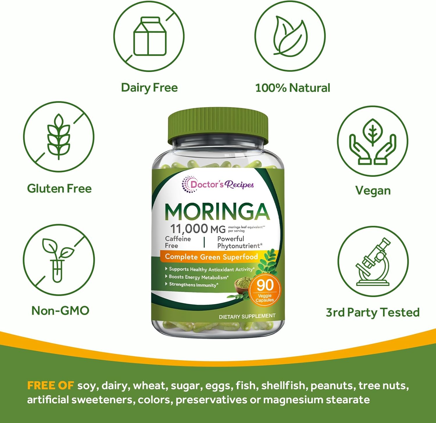 Doctor'S Recipes Moringa 11,000 Mg Strength, Complete Green Superfood, Natural Antioxidant Support, Non-Gmo, 90 Vegan Caps, No Caffeine Soy Gluten : Health & Household