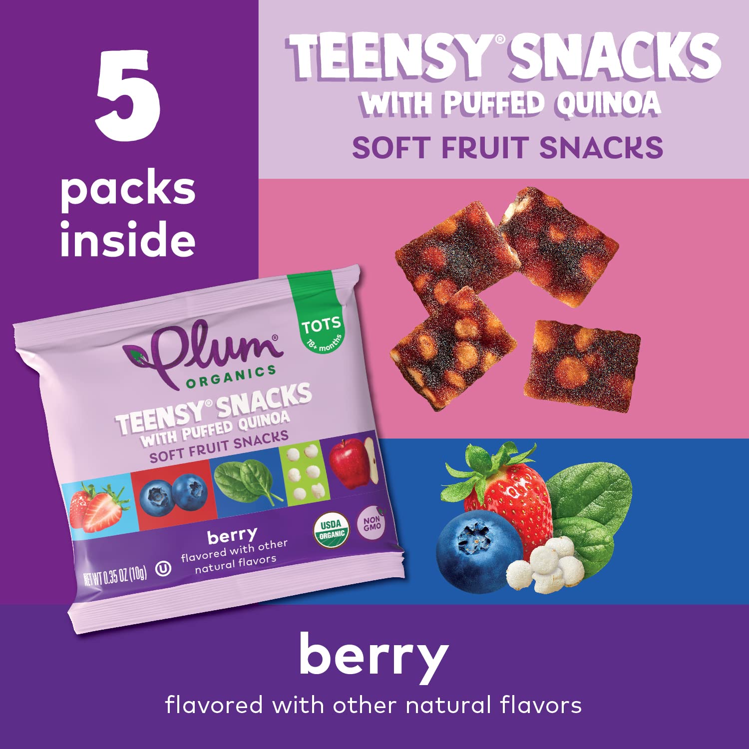 Plum Organics Teensy Snacks Soft Fruit Snacks - Berry with Puffed Quinoa - 0.35 oz Bags (Pack of 5) - Organic Toddler Food Fruit Snacks