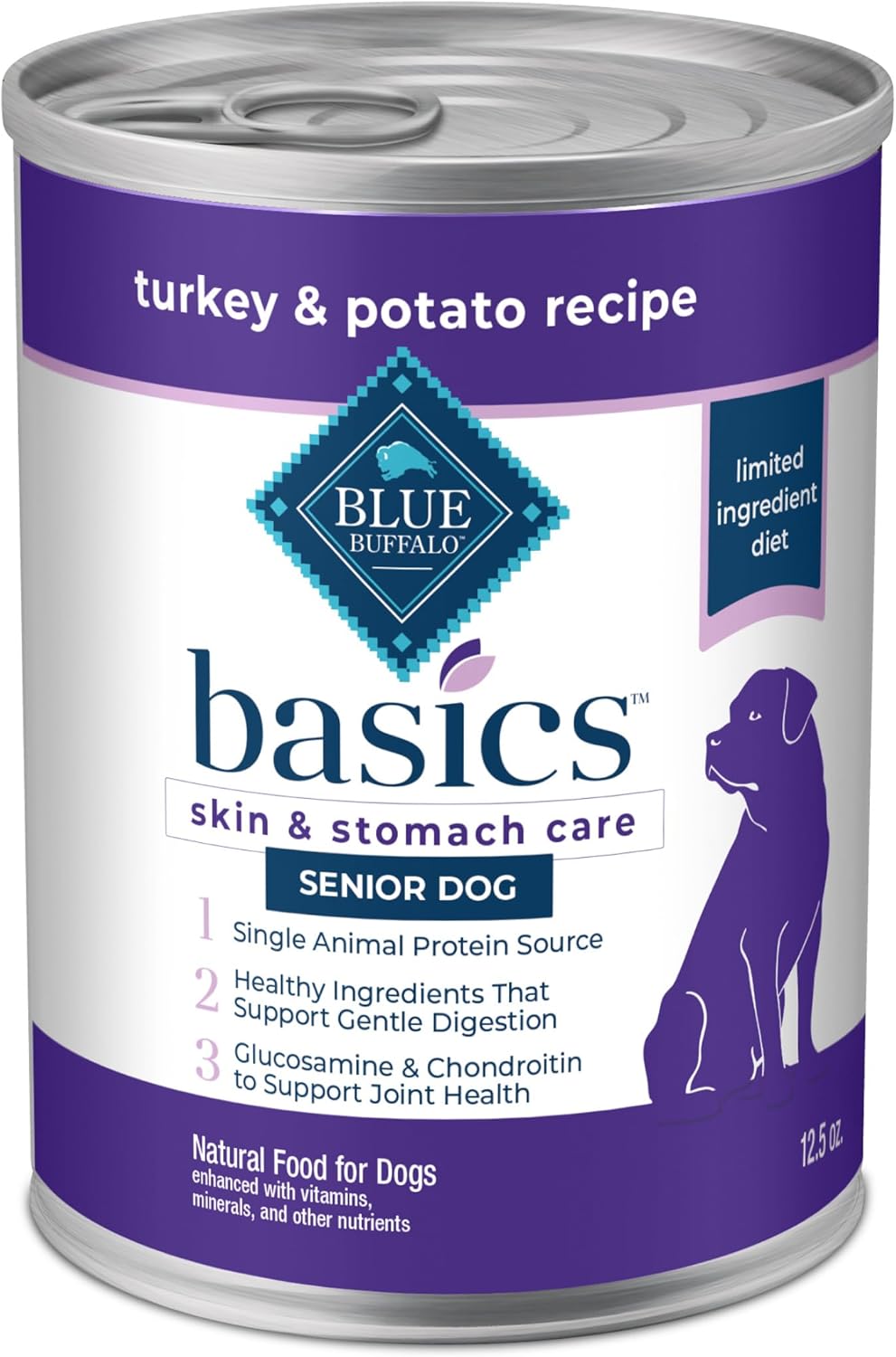 Blue Buffalo Basics Grain-Free Senior Wet Dog Food, Skin & Stomach Care, Limited Ingredient Diet, Turkey Recipe, 12.5-Oz. Cans, 12 Count