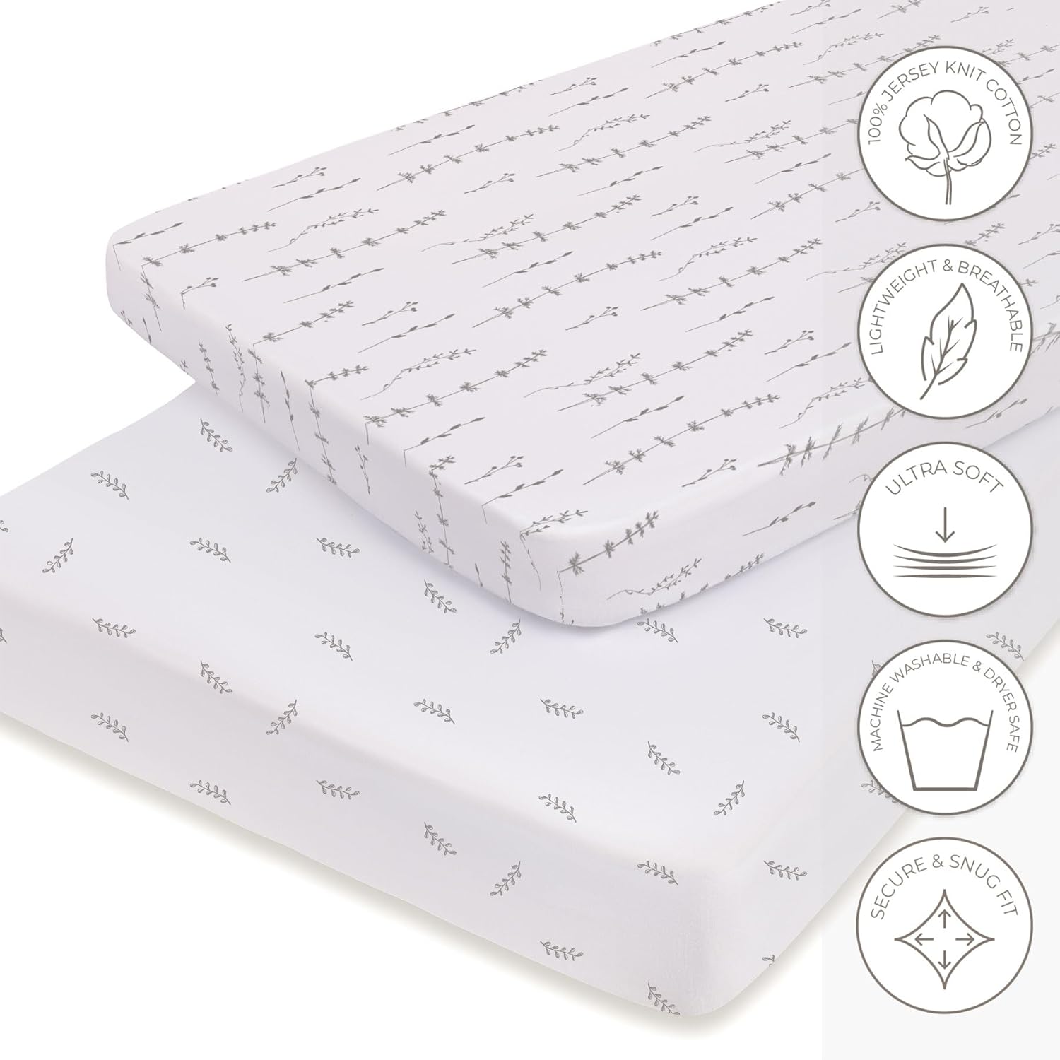 Pack And Play Sheets - 2 Pack Fitted With 100% Jersey Cotton - Pack N Play Mattress Sheets For Boys And Girls, Newborn Essentials (Neutral Forest Grey Floral And Leaves)