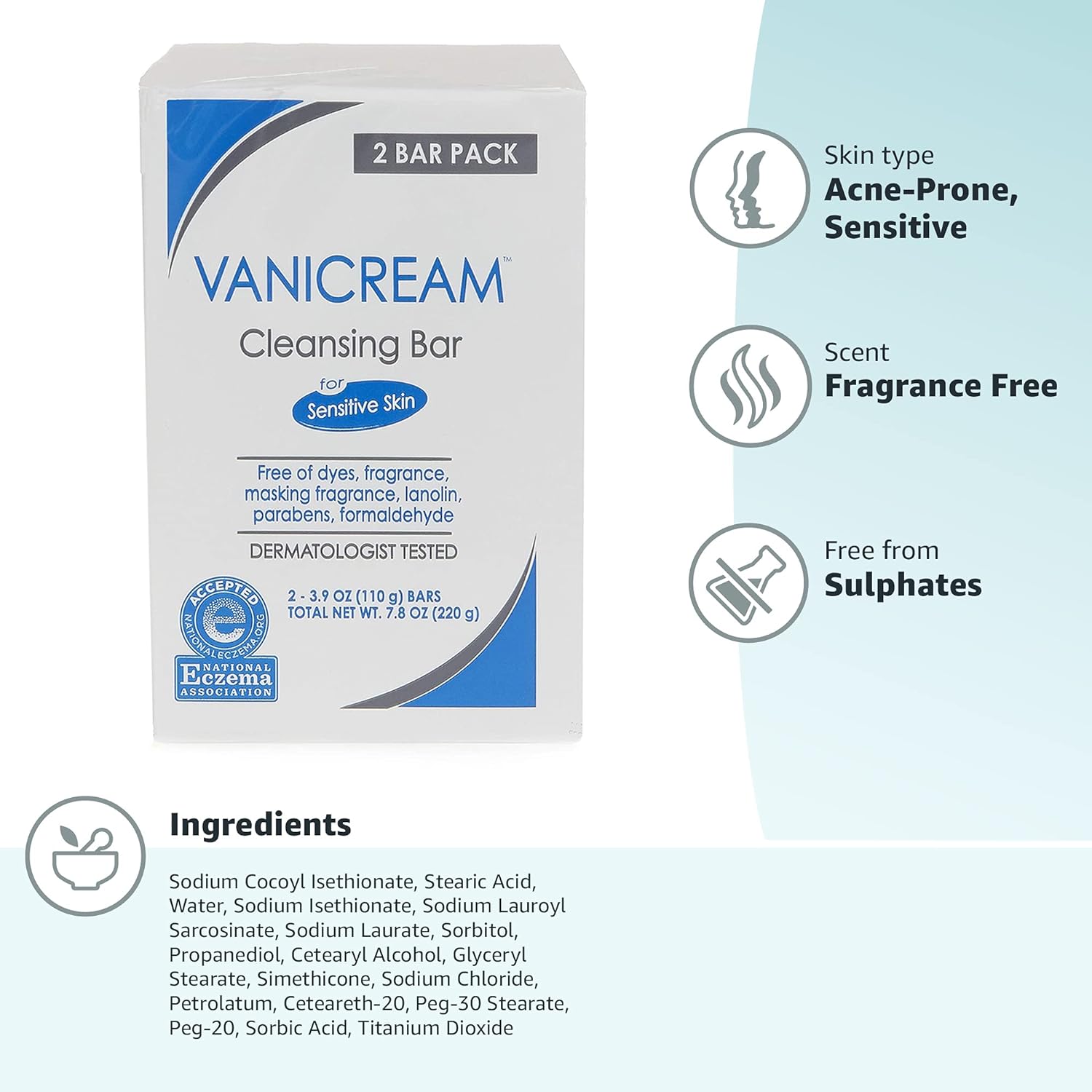 Vanicream, Cleansing Bar Fragrance Gluten and Sulfate Free For Sensitive Skin Gently Cleanses and Moisturizes 3.9 Pack of 2, 7.8 Ounce : Beauty & Personal Care