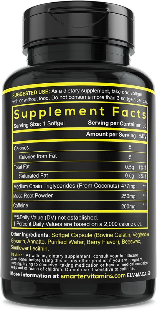 Smarter Energy Pills, 200Mg Caffeine Pills & Coconut Mct Oil With Maca Root For Stamina & Mood, 50 Liquid Softgels