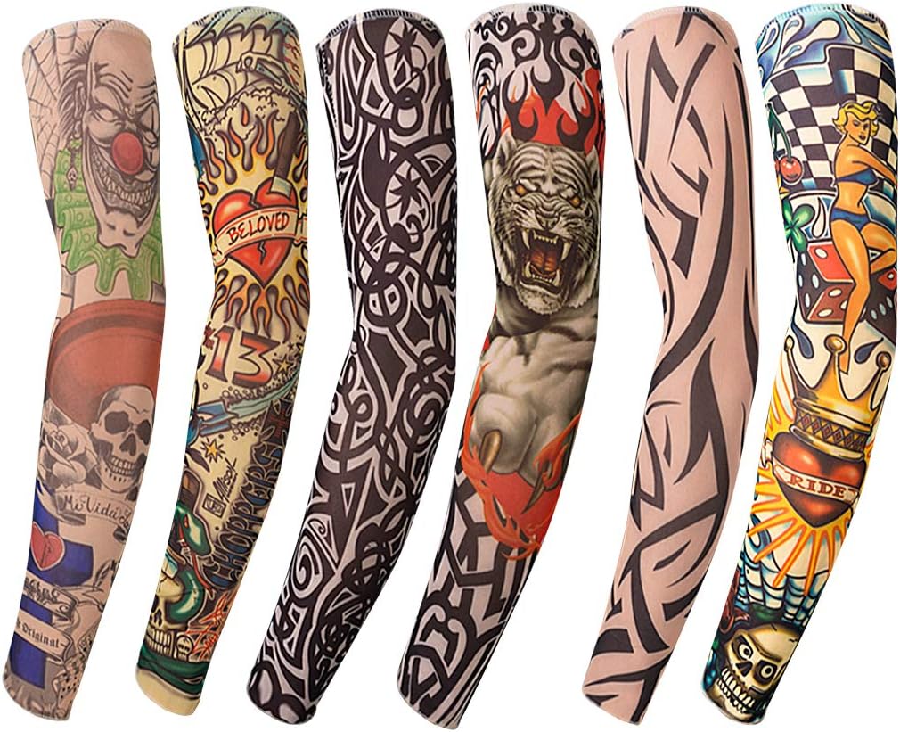 Gospire 6 Pcs Stretchy Nylon Fake Temporary Tattoo Sleeves Body Art Arm Stockings Slip Accessories Halloween Tattoo Soft For Men Women