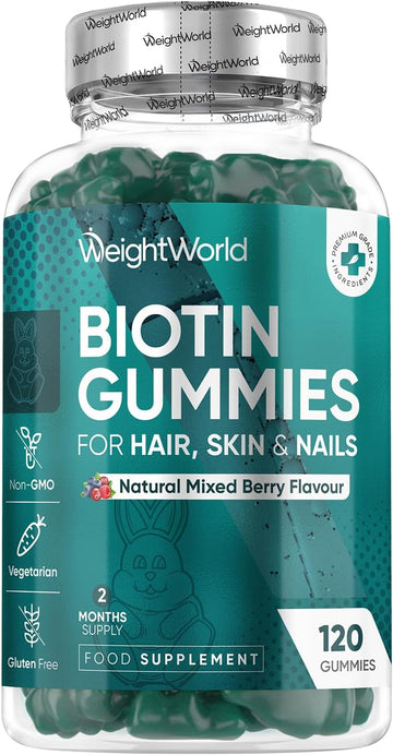 Biotin Gummies - 120 Chewable B7 Vitamin Gummies - With 9 Essential Vitamins & 4 Nutrients - Biotin 5000Mcg Supplements - Natural Mixed Berry Flavour - Non-Gmo, Gluten-Free & Vegetarian-Friendly