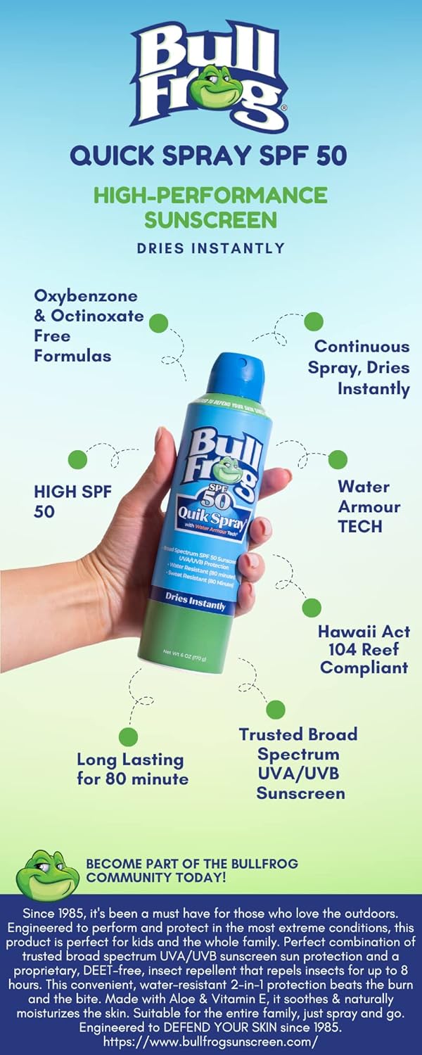 Bullfrog Quik Spray Sunscreen Spf 50 | Oxybenzone & Octinoxate Free | Broad Spectrum Moisturizing Uva/Uvb, 6Oz : Beauty & Personal Care