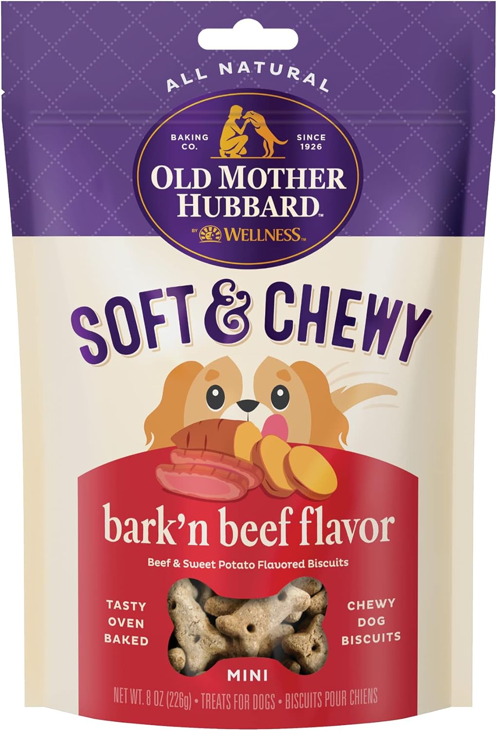 Old Mother Hubbard By Wellness Soft & Chewy Beef & Sweet Potato Natural Dog Treats, Crunchy Oven-Baked Biscuits, Ideal For Training, Mini Size, 8 Ounce Bag