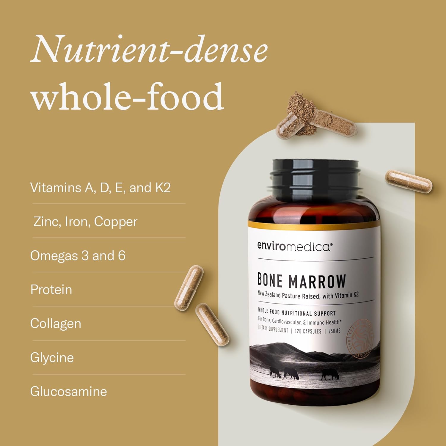 Enviromedica Bone Marrow Supplement – Grass-Fed New Zealand Beef Bone Marrow, Mcha, Bovine Cartilage, Collagen, Freeze-Dried, Vitamin K2 Mk7, 120 Capsules : Health & Household
