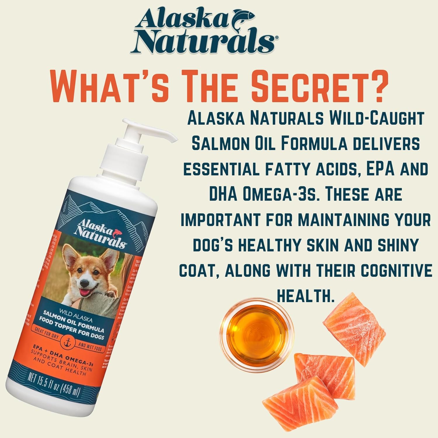 Alaska Naturals – Wild Alaska Salmon Oil Formula Dog Food Topper – EPA and DHA Omega-3 - Supplement for Healthy Skin, Shiny Coat – Made in The USA – 15.5 oz. Pump Bottle : Pet Supplies