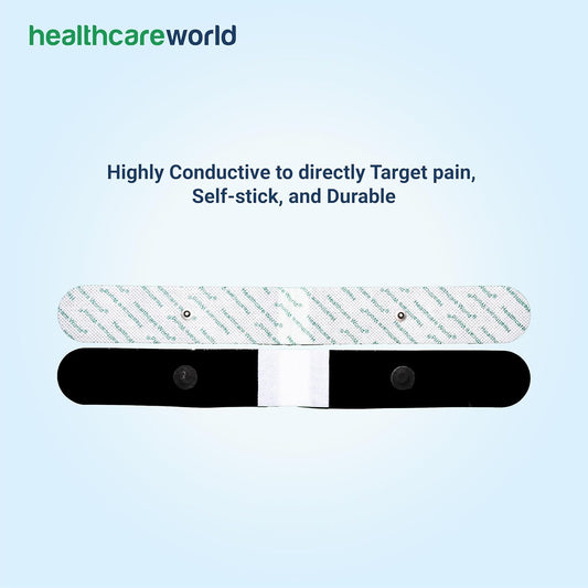 Healthcare World Extra Long Tens Electrode Pads (33X4Cm, 1 Pair) – Reusable Self-Adhesive Electrodes For Back Pain Relief – 3.5Mm Snap Connector – Compatible With Beurer, Sanitas Tens Devices