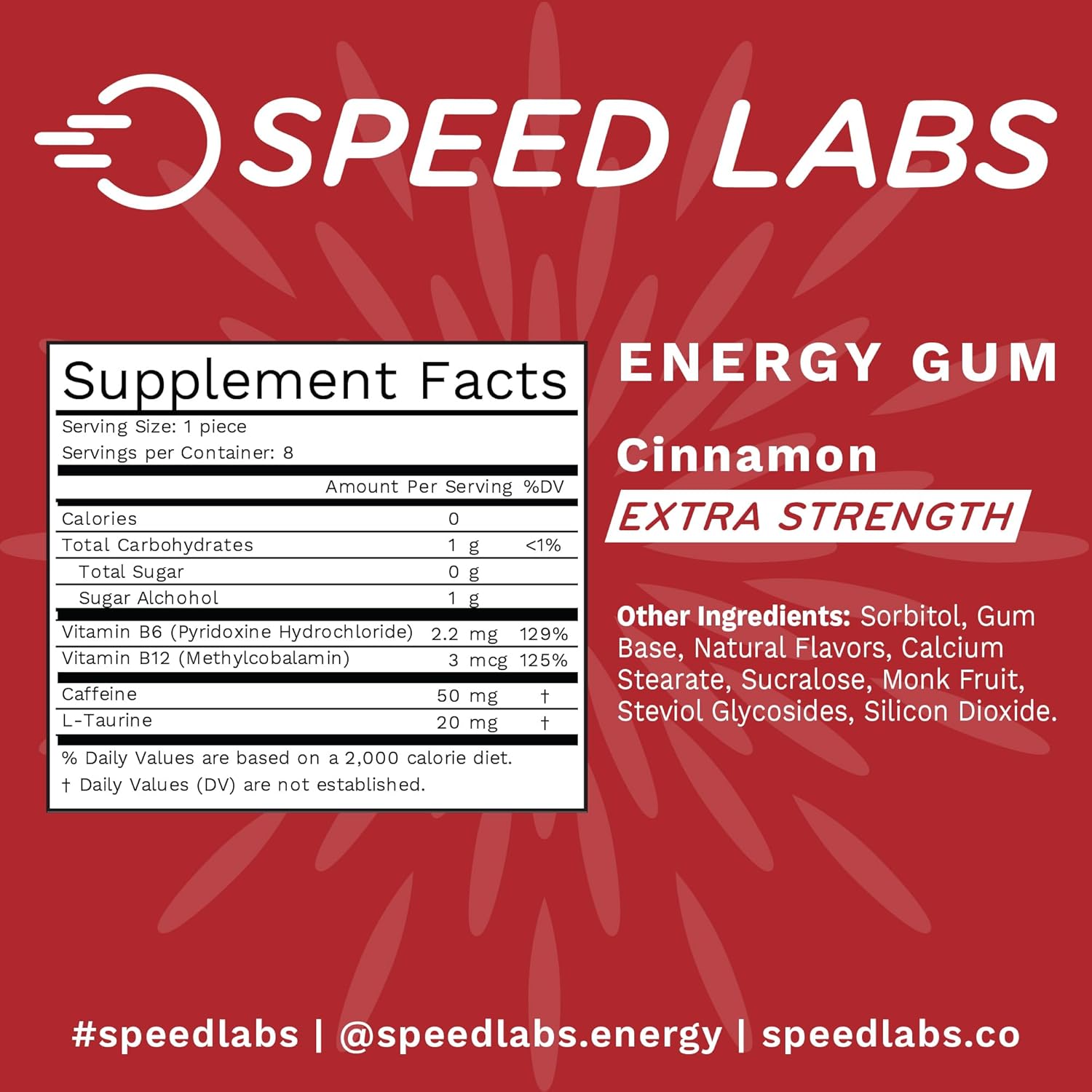 Speed Labs Cinnamon Extra Strength Caffeine Chewing Gum 50Mg Caffeine, Taurine, & B Vitamins Per Piece, 48 Pieces (6 Packs Of 8 Pieces) Sugar Free, Zero Calorie, No Aspartame, Gluten Free : Health & Household