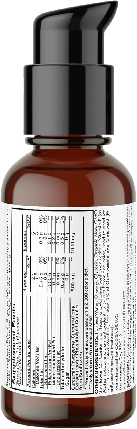 Codeage Liposomal Curcumin Phytosome Liquid Supplement, Turmeric Curcumin Vegan Liquid Drops, Plant-Based Curcuma Longa Dropper, Curcumina, Sunflower Phospholipid, Sugar-Free, Citrus Flavor, 2 fl oz : Health & Household