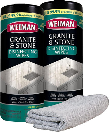 Weiman Granite Disinfectant Wipes - 30 Wipes with Polishing Cloth - 2 Pack - Disinfect Clean and Shine Sealed Granite Marble Quartz Slate Limestone Soapstone Tile Countertops - Packaging May Vary
