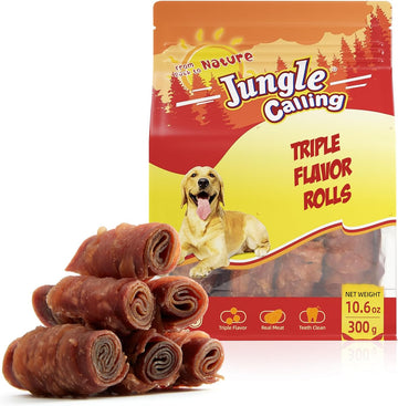 Jungle Calling Triple Flavor Rolls Dog Treats, Made With Real Chicken Duck Beef Meat, Rawhide Free Dog Snacks,Healthy, Easily Digestible, And High Protein Dog Treat, 10.6 Oz