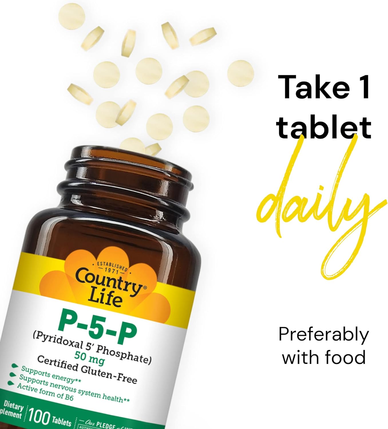 Country Life P5P Vitamin B6 (Pyridoxal Phosphate) 50mg, 100 Tablets, Certified Gluten Free, Certified Vegan, Verified Non-GMO Verified : Health & Household