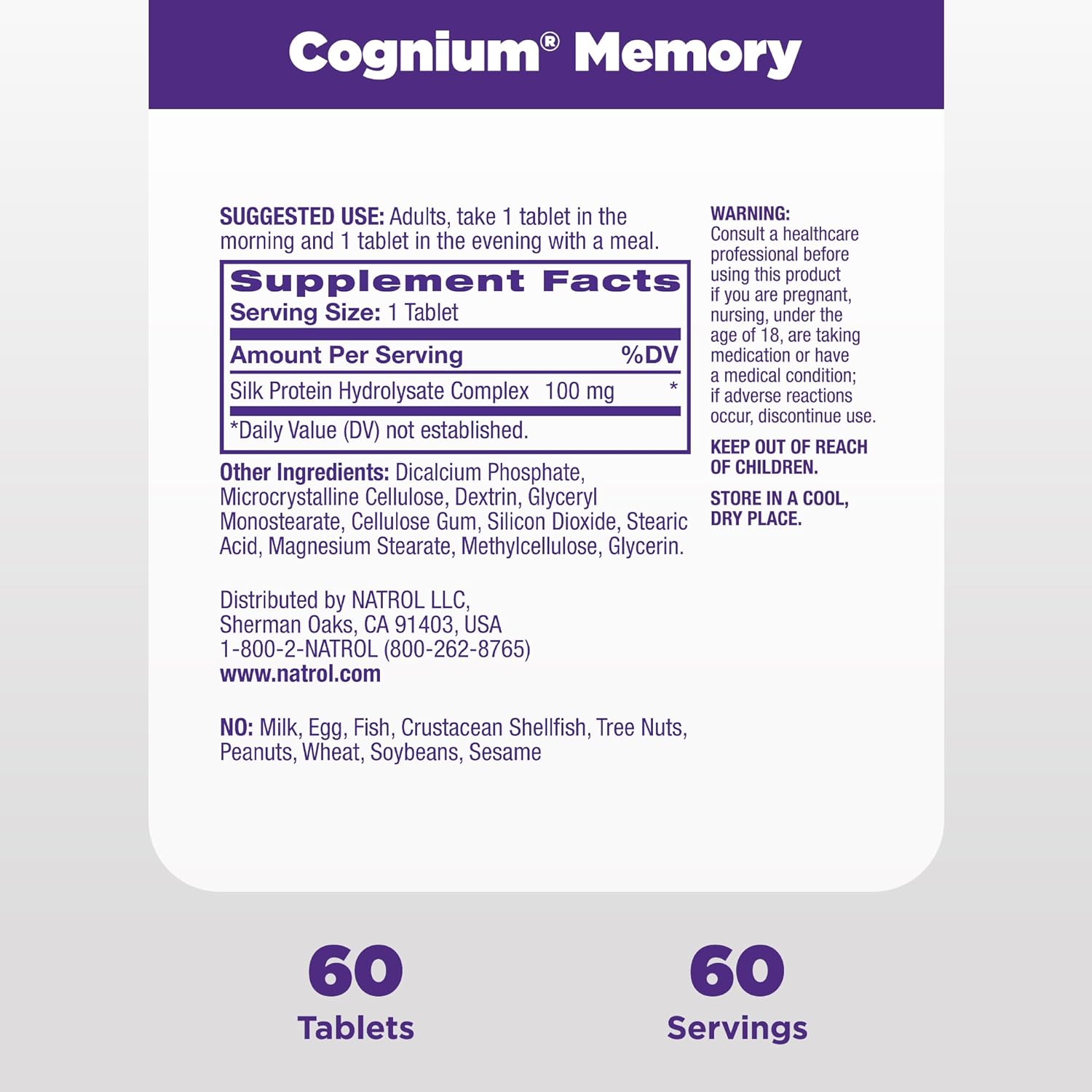 Natrol Cognium Memory Silk Protein Hydrolysate 100mg, Dietary Supplement for Brain Health Support, 60 Tablets, 30 Day Supply : Health & Household