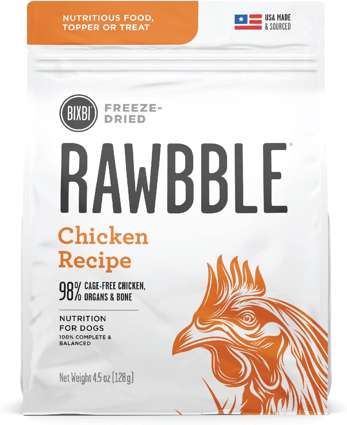 BIXBI Rawbble Freeze Dried Dog Food, Chicken Recipe, 4.5 oz - 98% Meat and Organs, No Fillers - Pantry-Friendly Raw Dog Food for Meal, Treat or Food Topper - USA Made in Small Batches