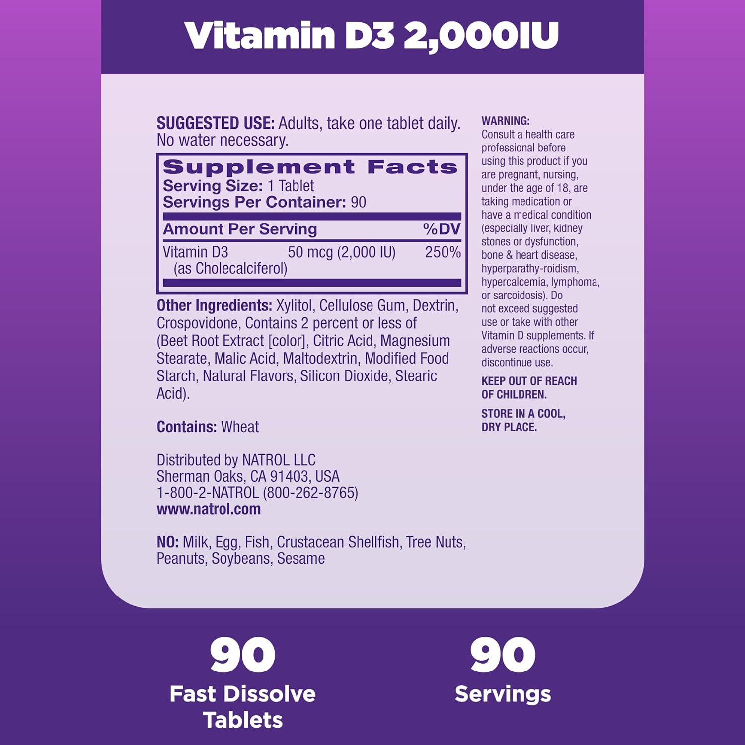 Natrol Vitamin D3 Tablets, Dietary Supplement, Bone & Joint Health, Support Your Immune Health, 2000 IU, 90 Count