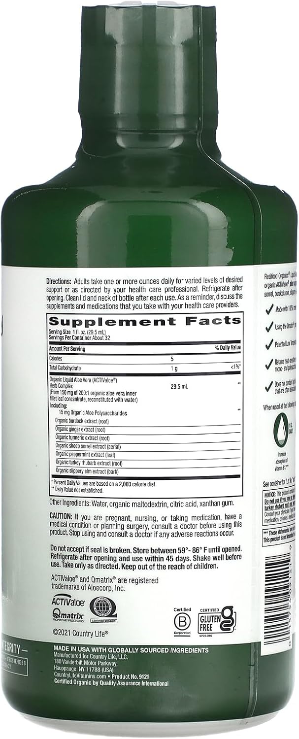 Country Life Realfood Organics Liquid Aloe Vera Plus - Supports Digestive Health & Immune System - With Slippery Elm, Ginger, Turmeric, Peppermint - Organic Activaloe, Qmatrix Process - 32 Oz