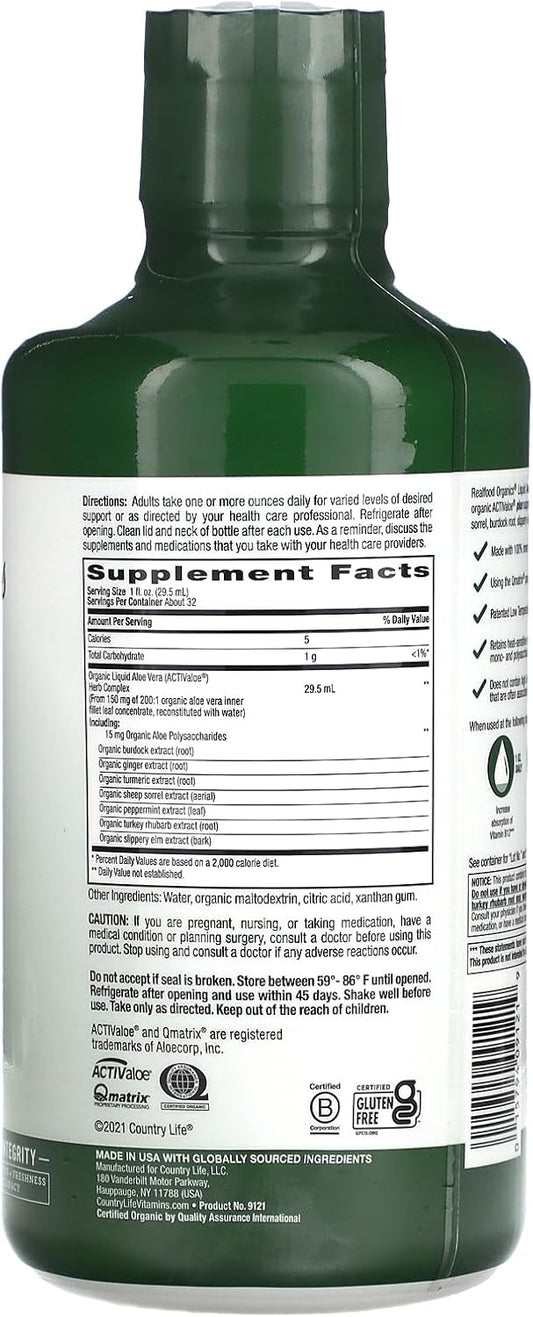 Country Life Realfood Organics Liquid Aloe Vera Plus - Supports Digestive Health & Immune System - With Slippery Elm, Ginger, Turmeric, Peppermint - Organic Activaloe, Qmatrix Process - 32 Oz
