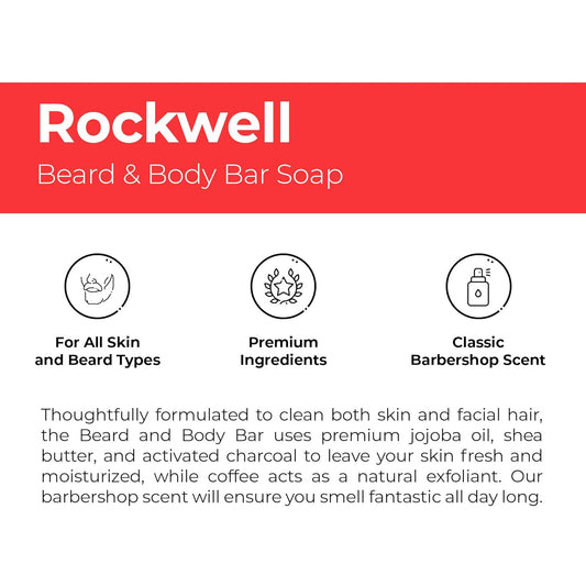 Rockwell 3-In-1 Beard & Body Bar Soap, Classic Barbershop Scent | Natural Cleansing, Hydrating & Exfoliation With Coffee, Activated Charcoal, Jojoba Oil & Shea Butter | Ideal For All Skin Types