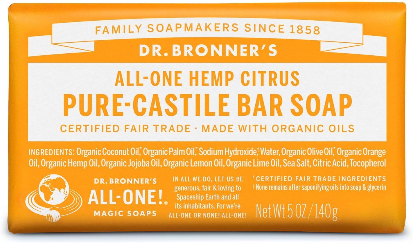 Dr. Bronner’s - Pure-Castile Bar Soap (Citrus, 5 ounce) - Made with Organic Oils, For Face, Body and Hair, Gentle and Moisturizing, Biodegradable, Vegan, Cruelty-free, Non-GMO