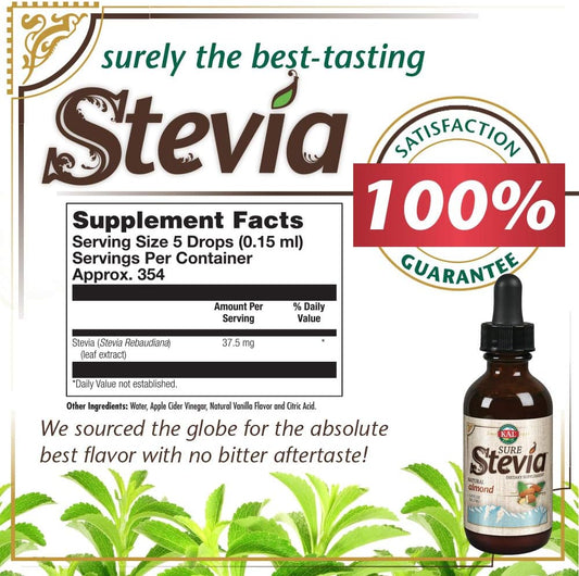 Kal Sure Stevia Drops, Natural Almond Flavor, Low Carb, Zero Calorie Sweetener, Keto Friendly, Great Tasting Liquid Stevia, Low Glycemic, 60-Day Money Back Guarantee, Approx. 354 Servings, 1.8 Fl Oz