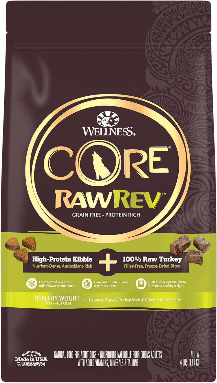 Wellness Core Rawrev Grain-Free Dry Dog Food, Natural Ingredients, Made In Usa With Real Freeze-Dried Meat (Adult, Healthy Weight, 4 Lbs)