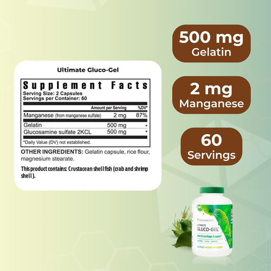 Youngevity Ultimate Gluco-Gel -For Joints, Tendons, Bones & Cartilage | Contains Glucosamine, Gelatin & Manganese | 240 Capsules | 1 Bottle