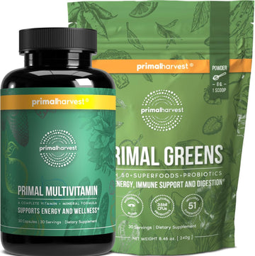 Primal Harvest Primal Greens And Primal Multivitamin 2 Pack Bundle, For Daily Nutrient Boost For Energy, Immunity & Overall Wellness (30 Servings)