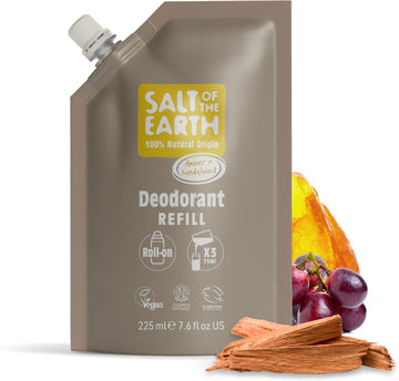 Salt Of The Earth - Natural Deodorant Roll On Refill Pouch, X3 Uses - Amber & Sandalwood - Vegan, Long Lasting Protection, Leaping Bunny Approved, Made In The Uk - 225Ml