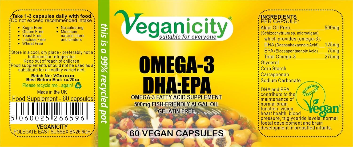 Veganicity Omega-3 Dha:Epa 500Mg : Algal Oil Omega-3 Fatty Acid : 60 Vcaps, In A Planet-Friendly 99% Recycled Pot