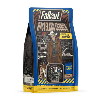 Bones Coffee Company Wasteland Crunch Flavored Whole Coffee Beans Chocolate Candy Bar Flavor | 12 oz Medium Roast Low Acid Coffee | Gourmet Coffee Inspired From Fallout Series (Whole Bean)